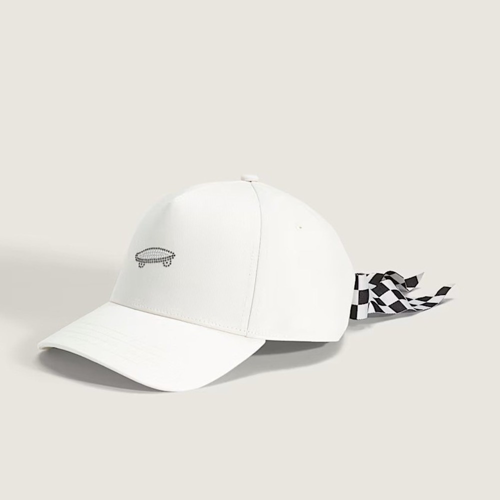 Vans Womens Bow Back Curve Baseball Hat Cream Rhinestone Skateboard Logo OS NEW